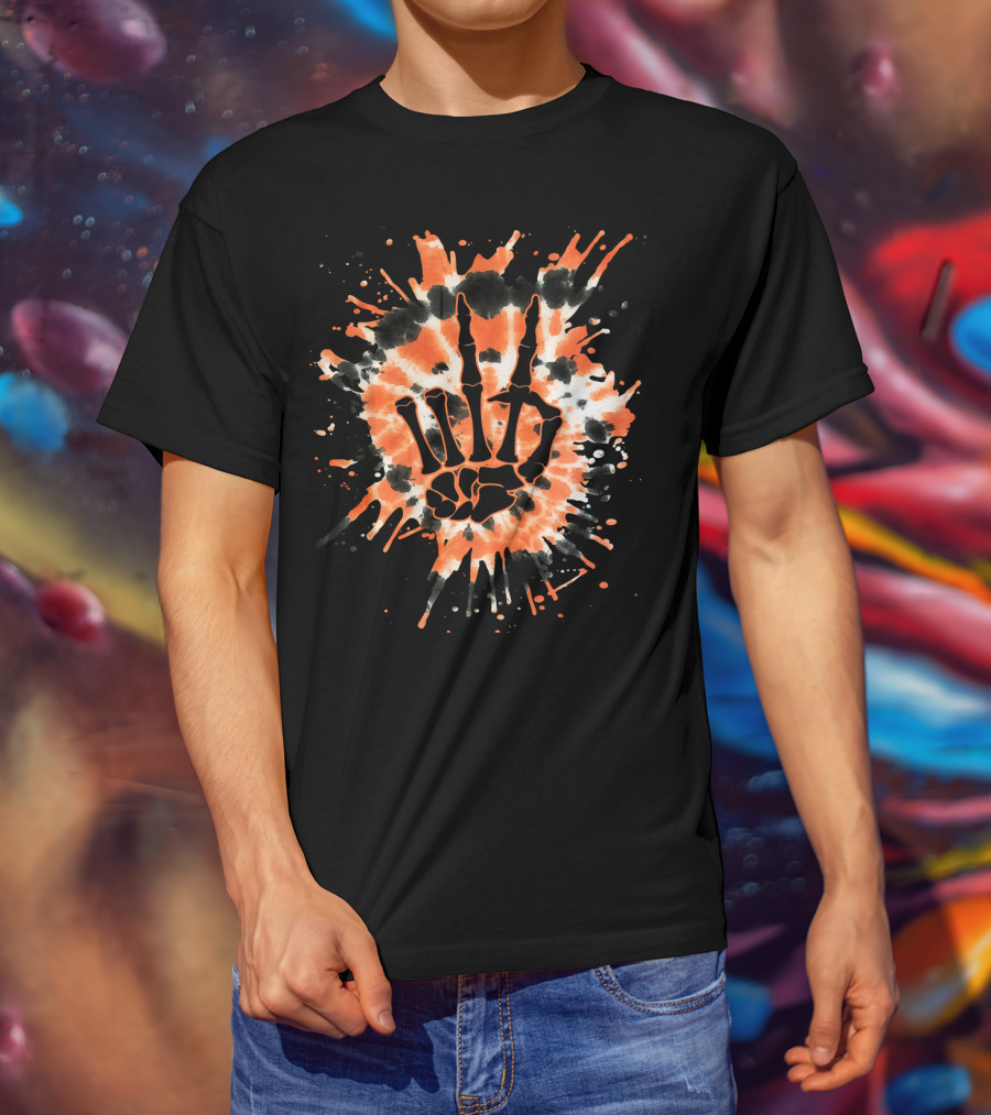 Orange Tie Dye Skeleton Hand Peace Sign T-Shirt