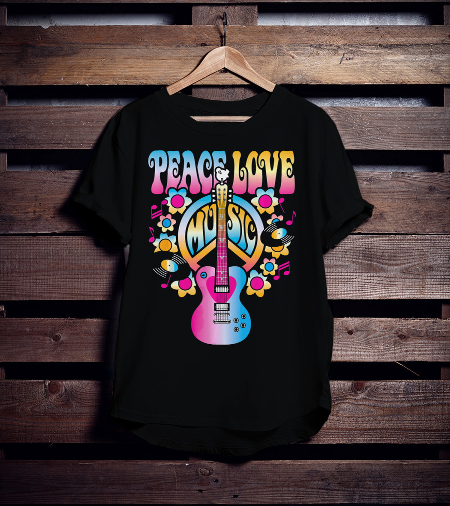 PEACE LOVE MUSIC Retro Rock And Roll Guitar Groovy 60s Style With Flowers And Peace T-Shirt