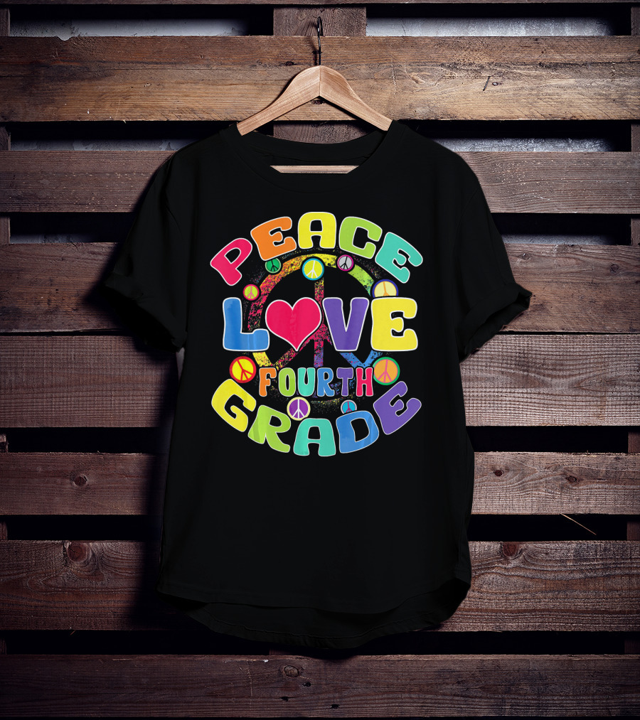 Peace Love Fourth Grade Back To School Groovy Rainbow Peace Signs T-Shirt