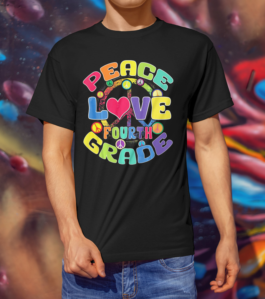 Peace Love Fourth Grade Back To School Groovy Rainbow Peace Signs T-Shirt