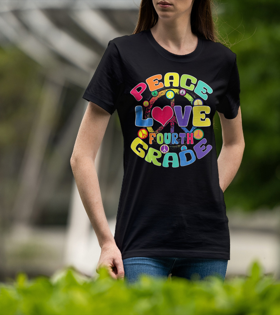 Peace Love Fourth Grade Back To School Groovy Rainbow Peace Signs T-Shirt