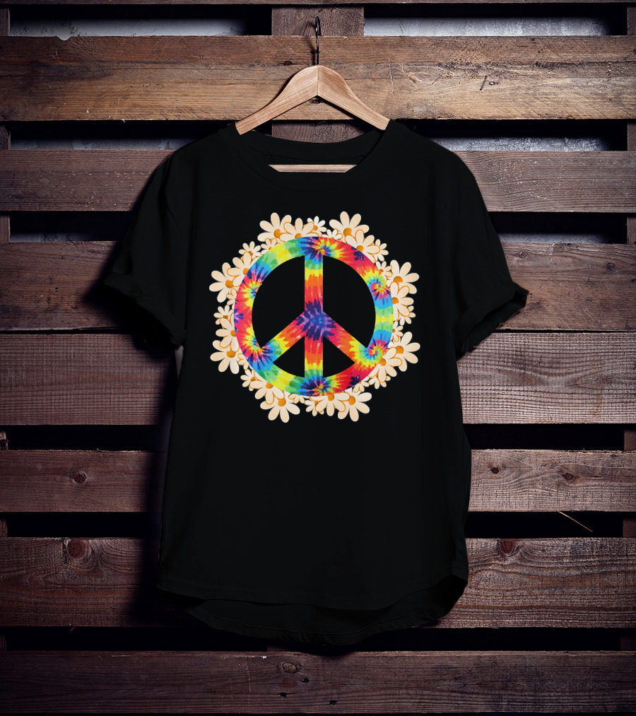Rainbow Tie-Dye Peace Sign With Daisy Border T-Shirt