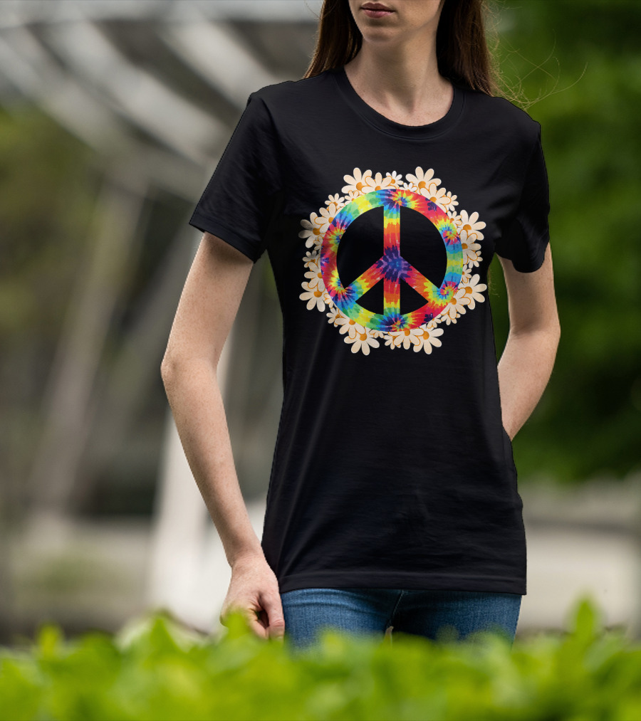 Rainbow Tie-Dye Peace Sign With Daisy Border T-Shirt