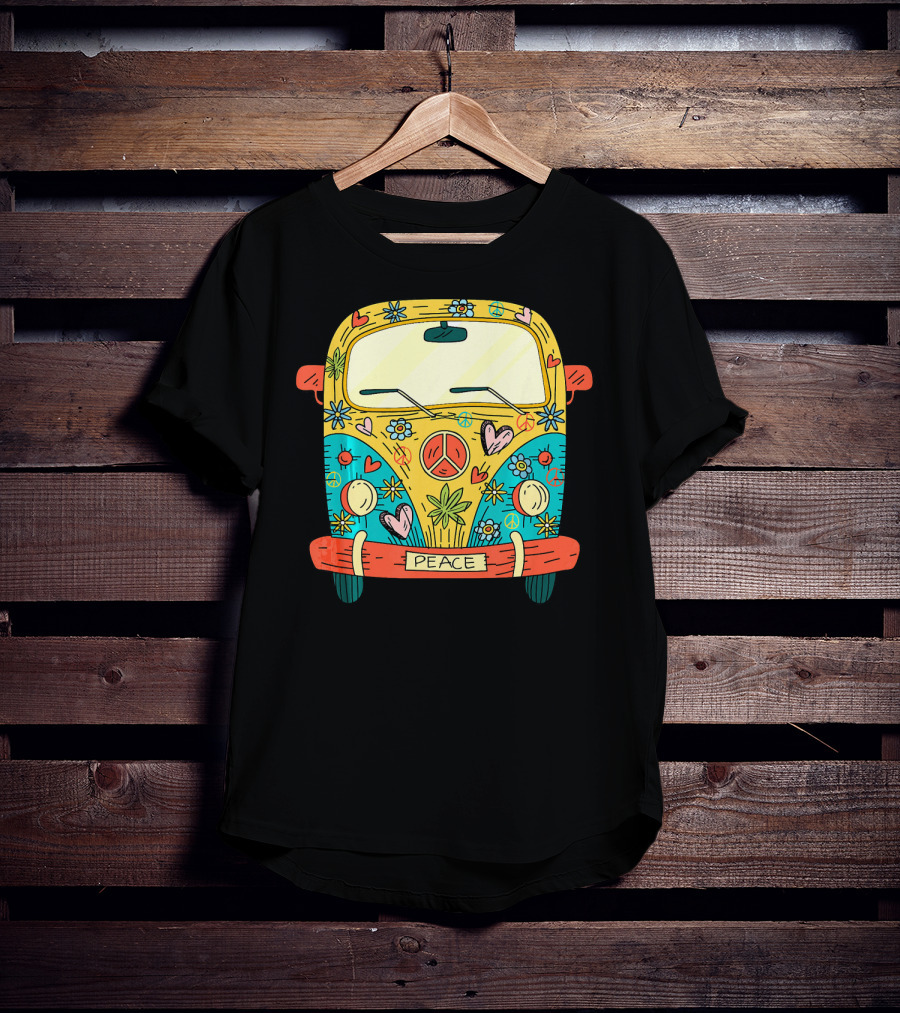Peace Hippie Van Colorful Flowers And Hearts T-Shirt
