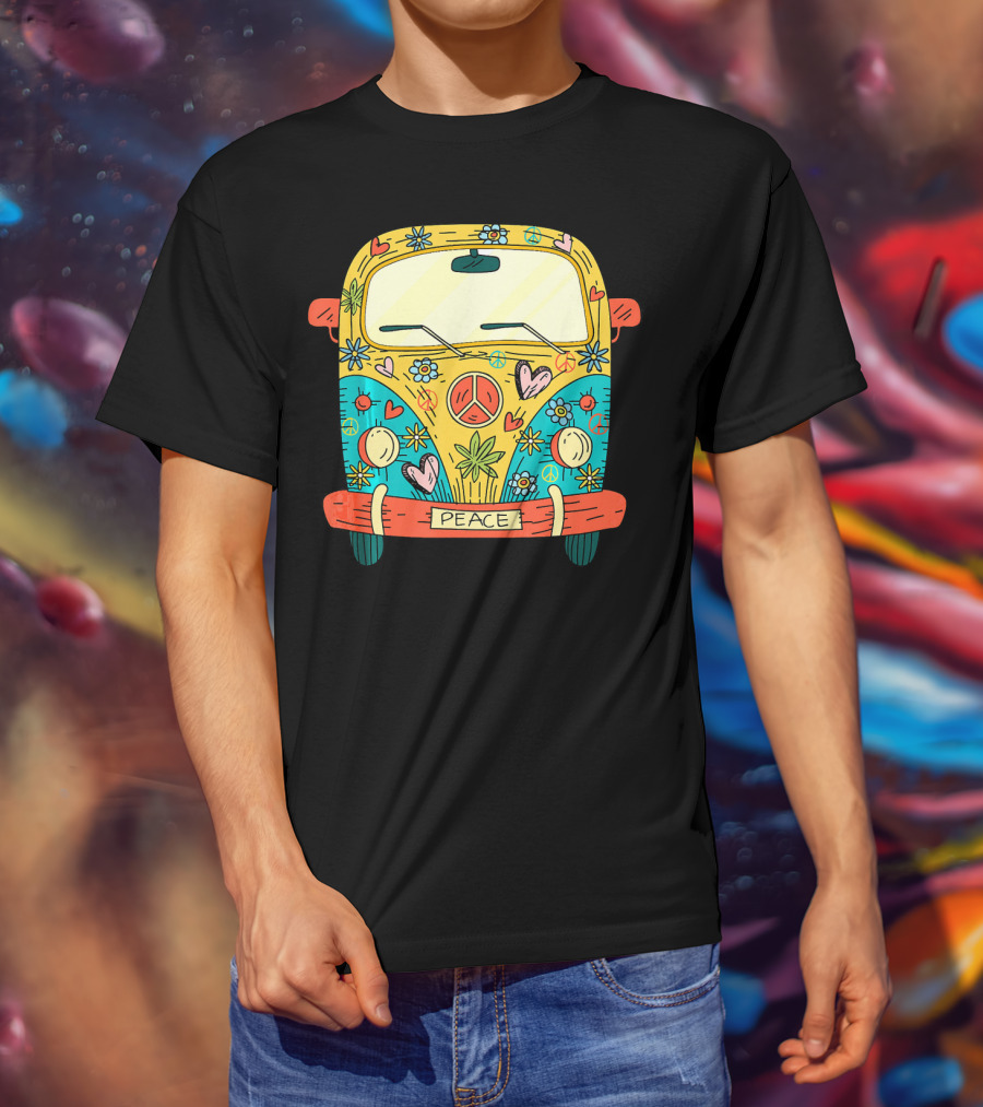 Peace Hippie Van Colorful Flowers And Hearts T-Shirt