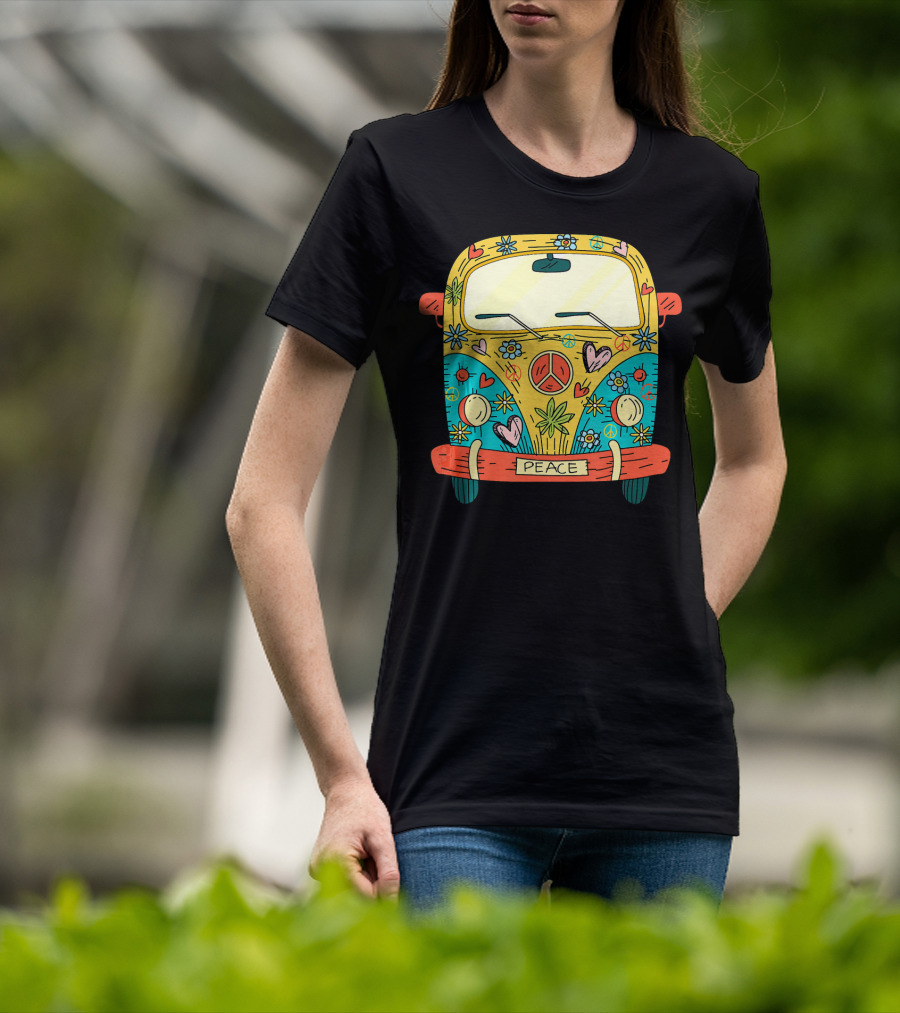 Peace Hippie Van Colorful Flowers And Hearts T-Shirt