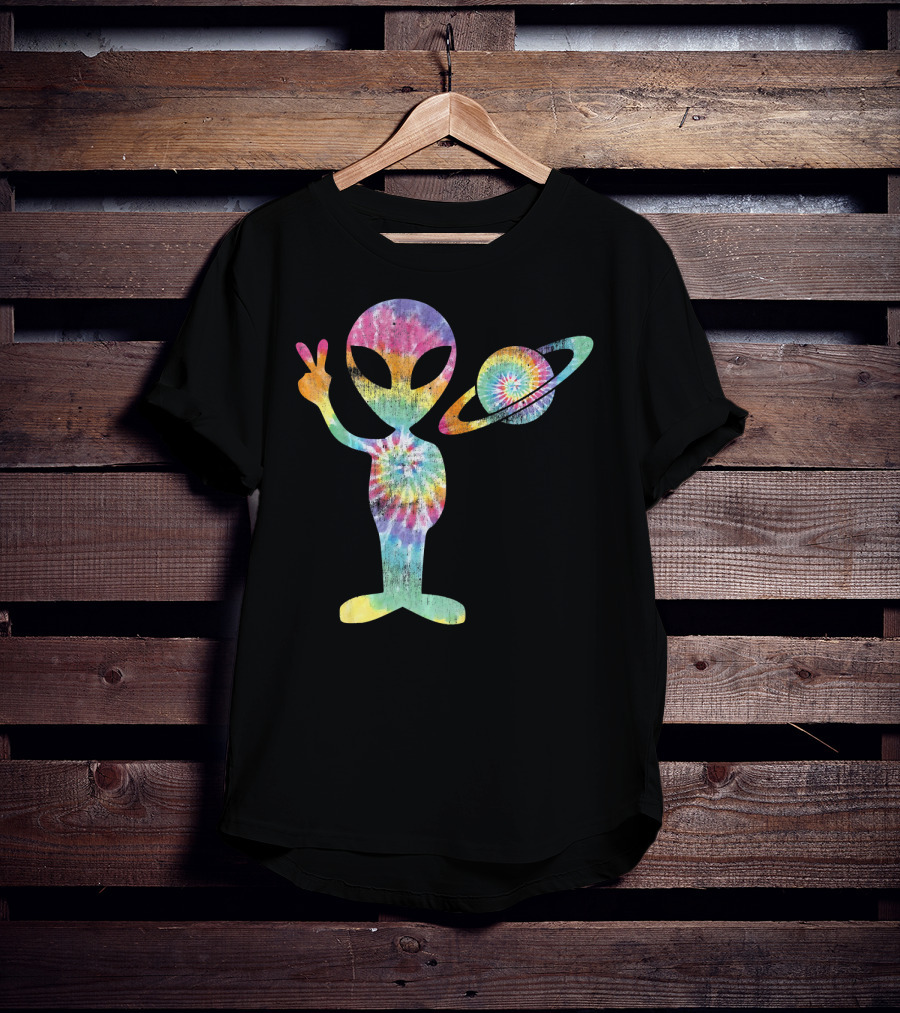 Funny Tie Dye Alien Peace Sign With Planet T-Shirt