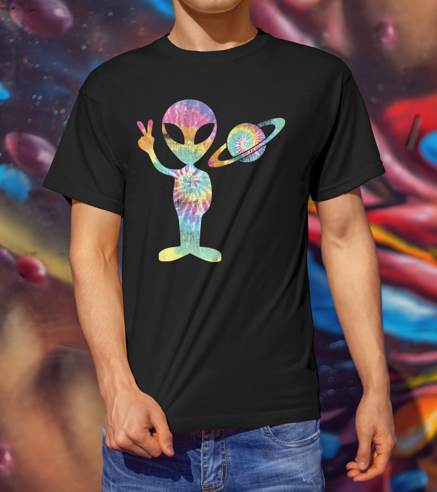 Funny Tie Dye Alien Peace Sign With Planet T-Shirt