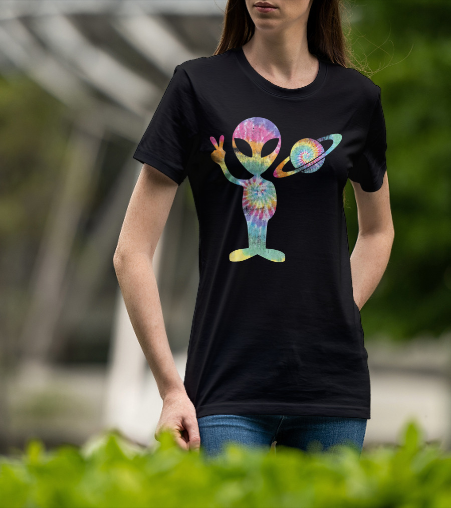 Funny Tie Dye Alien Peace Sign With Planet T-Shirt