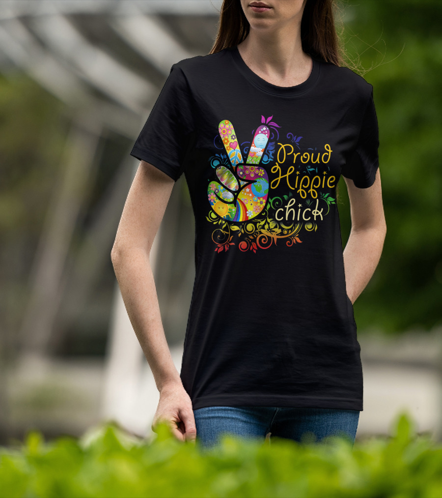 Proud Hippie Chick Peace Sign With Colorful Floral T-Shirt