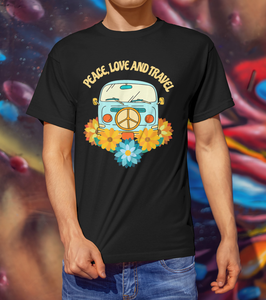 Peace Love And Travel Retro Hippie Van With Flowers T-Shirt
