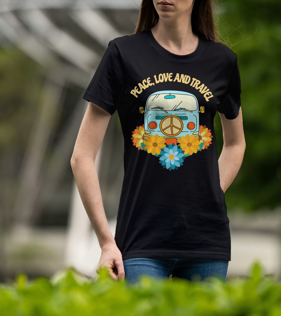 Peace Love And Travel Retro Hippie Van With Flowers T-Shirt