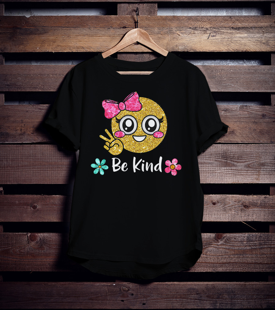 Be Kind Glitter Emoji Kawaii With Pink Bow And Flowers T-Shirt