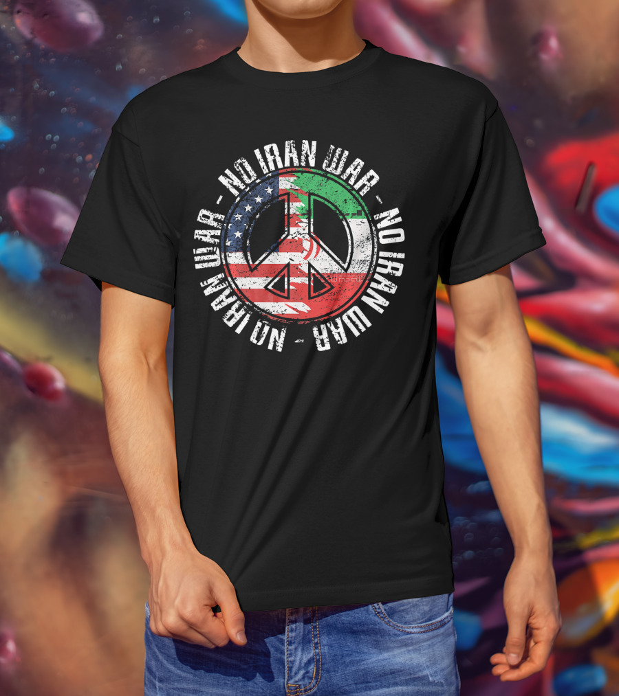 No Iran War Peace Symbol With American And Iranian Flags T-Shirt