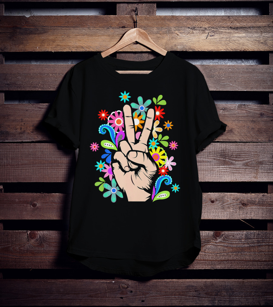 Hippie Cool Hand Peace Sign Surrounded By Colorful Flowers T-Shirt