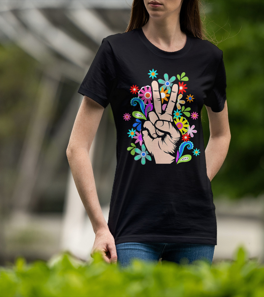 Hippie Cool Hand Peace Sign Surrounded By Colorful Flowers T-Shirt