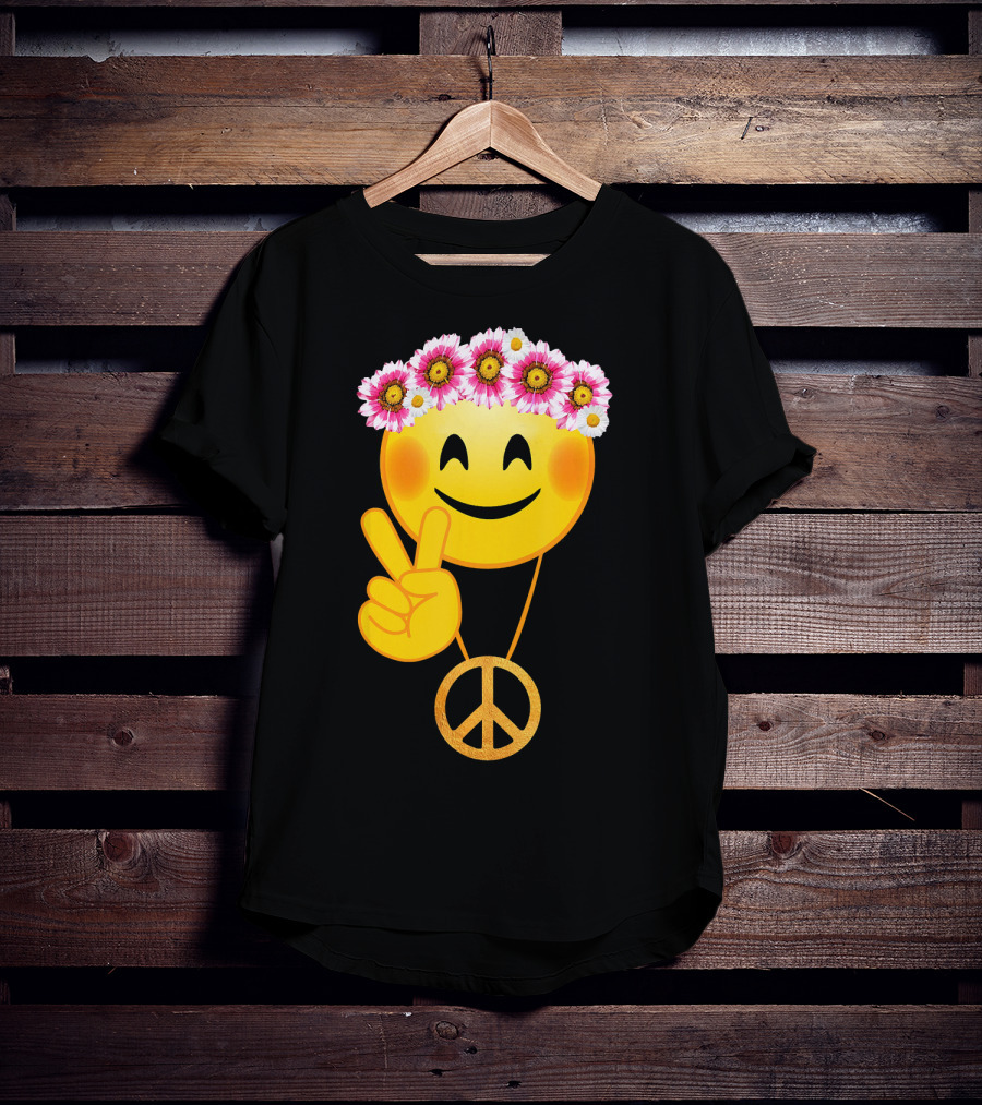 Peace Sign Smiley Face Flower Crown Hippie Necklace T-Shirt
