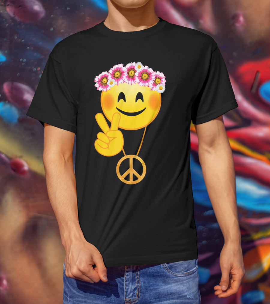 Peace Sign Smiley Face Flower Crown Hippie Necklace T-Shirt