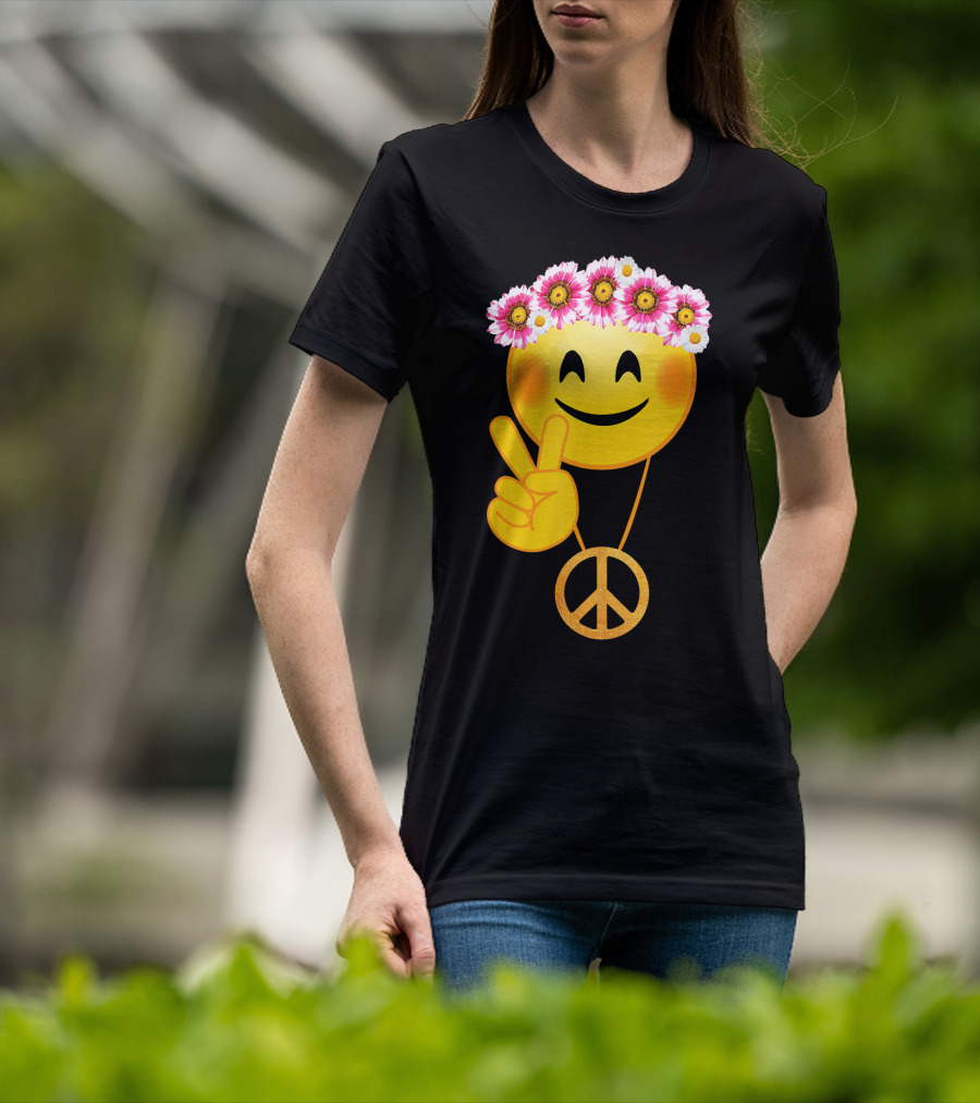 Peace Sign Smiley Face Flower Crown Hippie Necklace T-Shirt