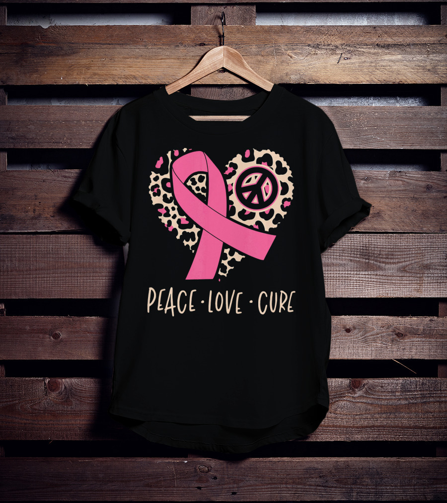 Peace Love Cure Pink Ribbon Leopard Breast Cancer Awareness T-Shirt
