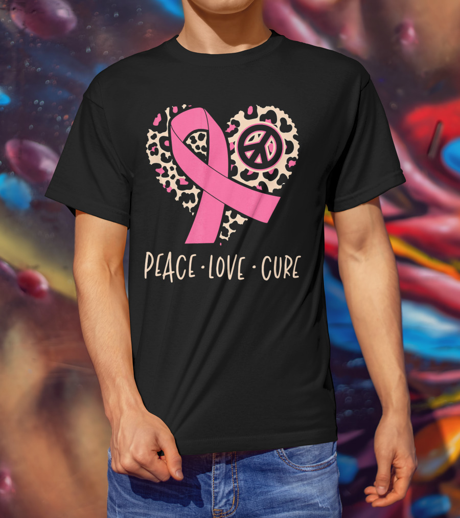 Peace Love Cure Pink Ribbon Leopard Breast Cancer Awareness T-Shirt