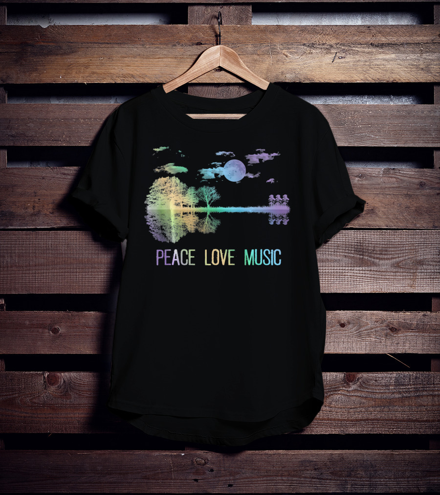 Peace Love Music Guitar Moon Lake Shadow Hippie T-Shirt