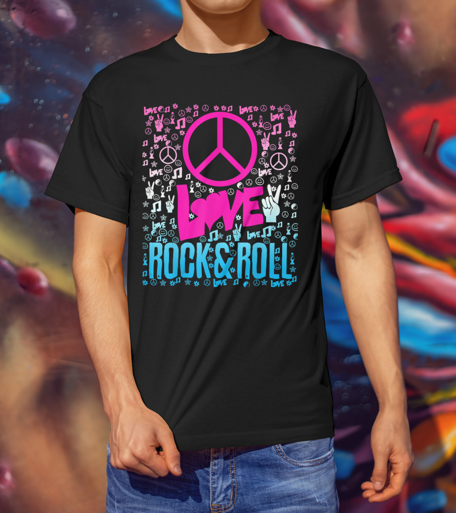 Peace Love Rock And Roll Music Icons And Hippie Symbols T-Shirt