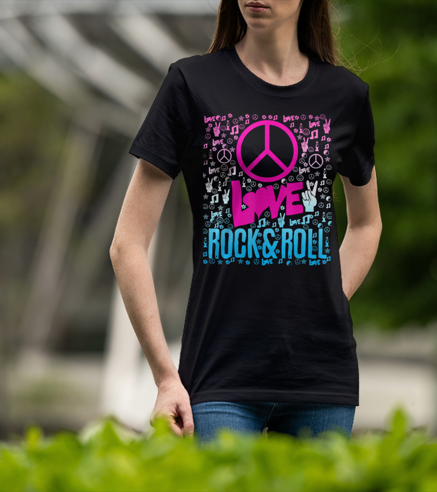 Peace Love Rock And Roll Music Icons And Hippie Symbols T-Shirt