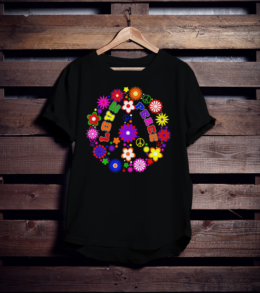Love Peace Sign Retro Flowers Hippie Col Colorful Groovy T-Shirt