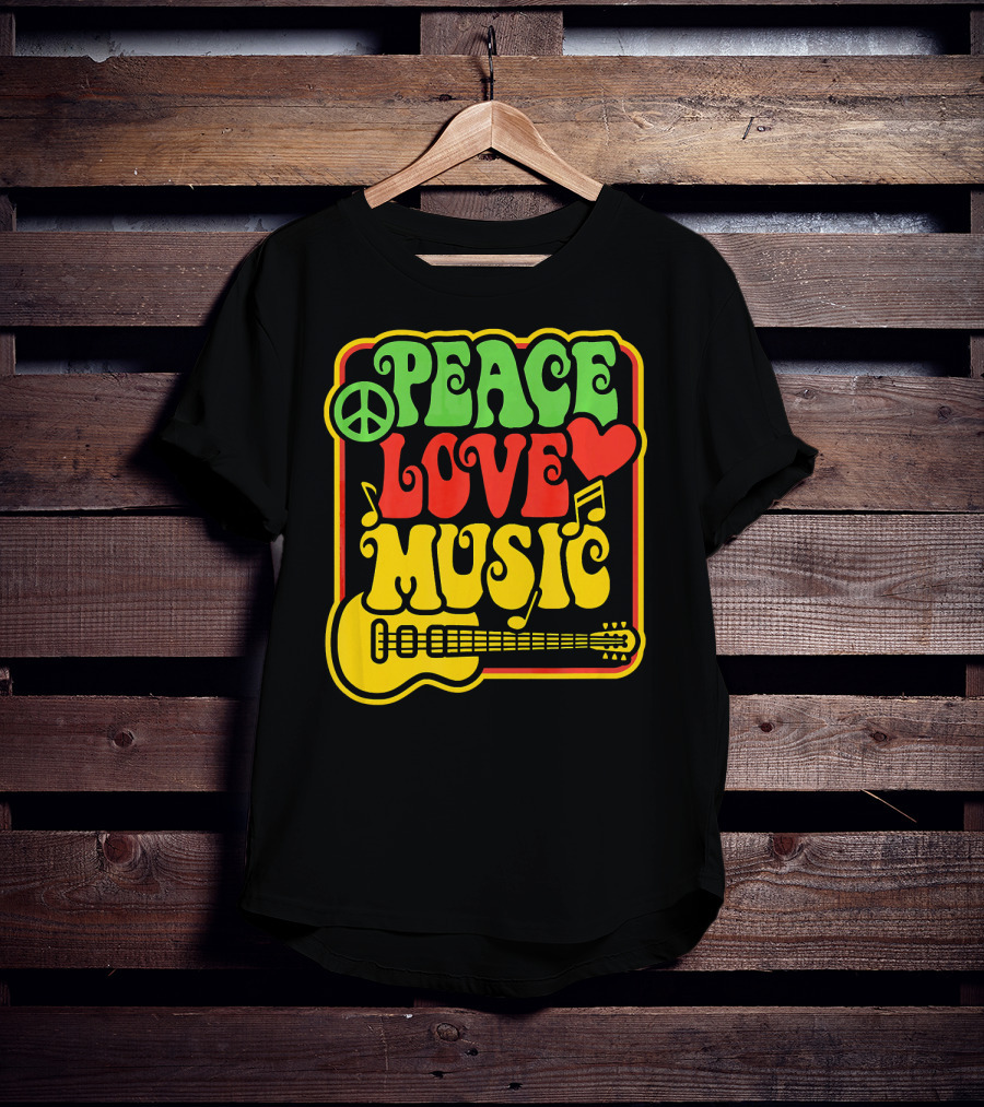 PEACE LOVE MUSIC Rock And Roll Reggae Guitar T-Shirt