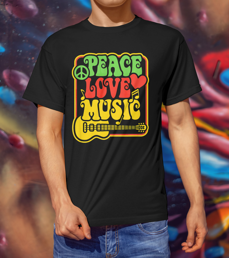 PEACE LOVE MUSIC Rock And Roll Reggae Guitar T-Shirt