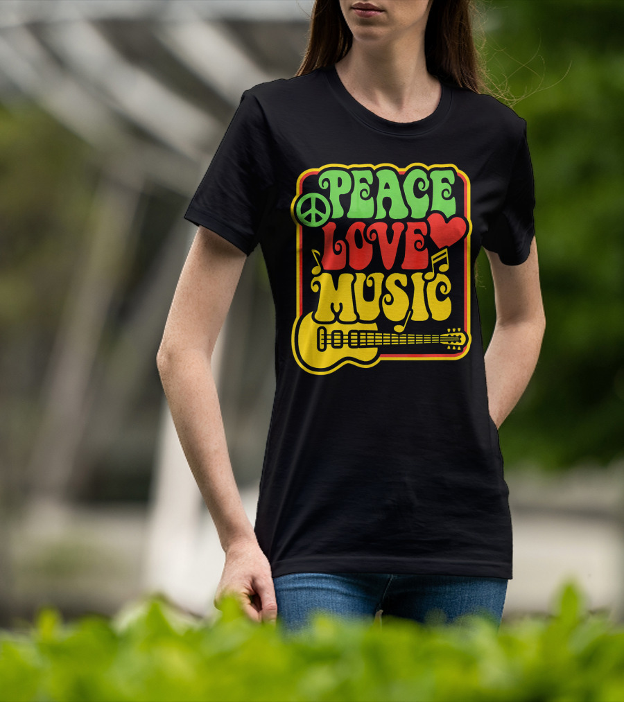 PEACE LOVE MUSIC Rock And Roll Reggae Guitar T-Shirt