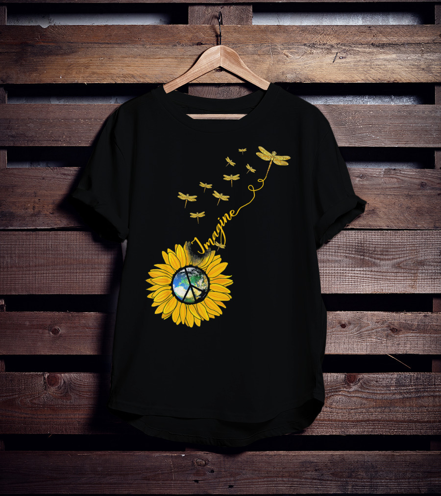 Imagine Peace Earth Sunflower Dragonflies T-Shirt