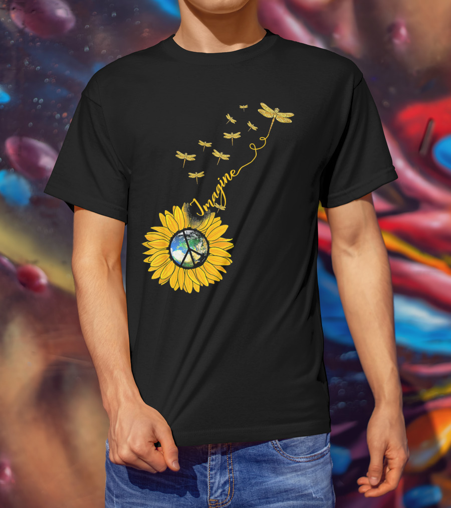 Imagine Peace Earth Sunflower Dragonflies T-Shirt