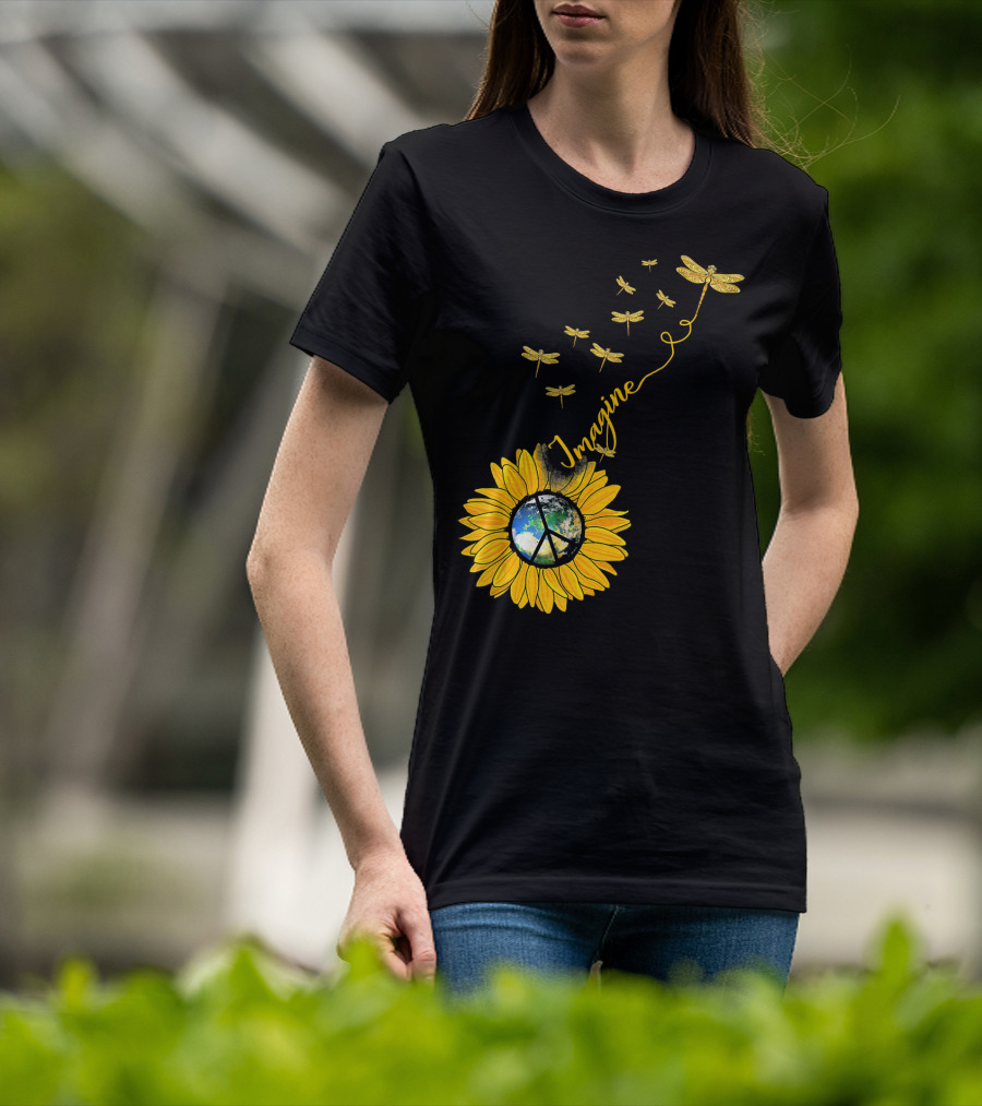 Imagine Peace Earth Sunflower Dragonflies T-Shirt