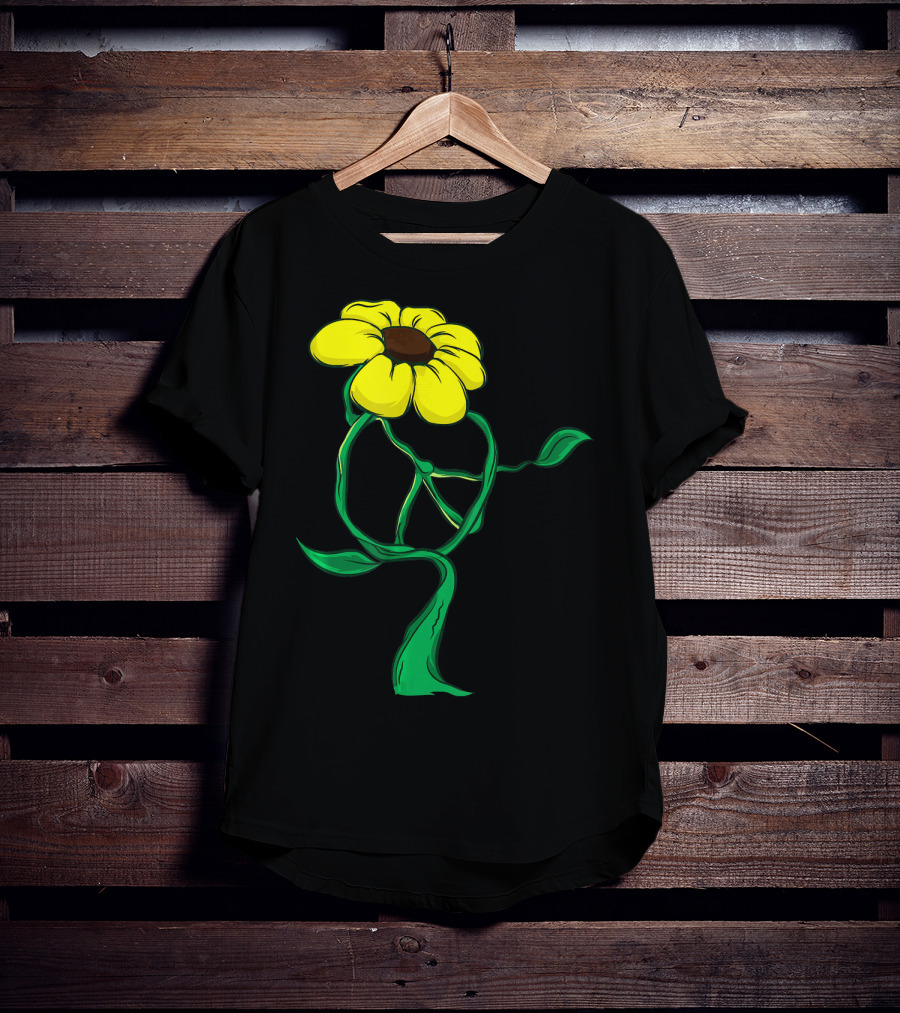 Hippie Yellow Flower Peace Sign Stem Green Leaves T-Shirt