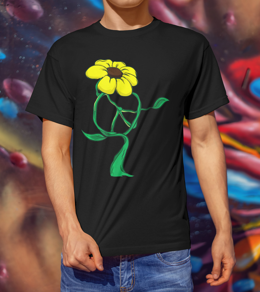 Hippie Yellow Flower Peace Sign Stem Green Leaves T-Shirt