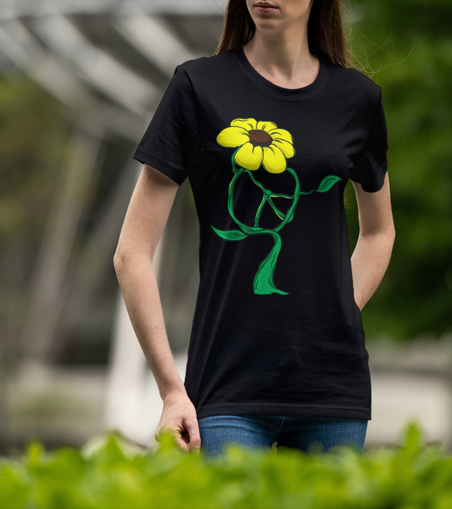 Hippie Yellow Flower Peace Sign Stem Green Leaves T-Shirt