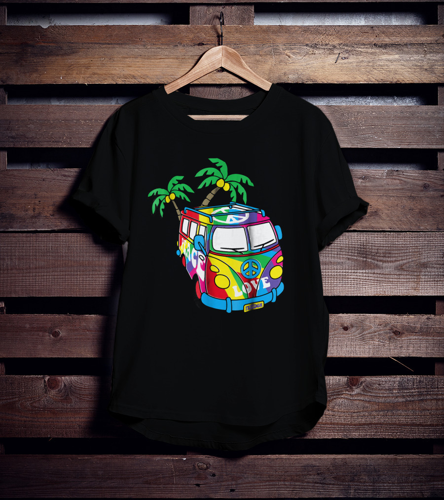 Peace Love Symbol Groovy Retro 60s Hippie Van Palm Trees Psychedelic T-Shirt