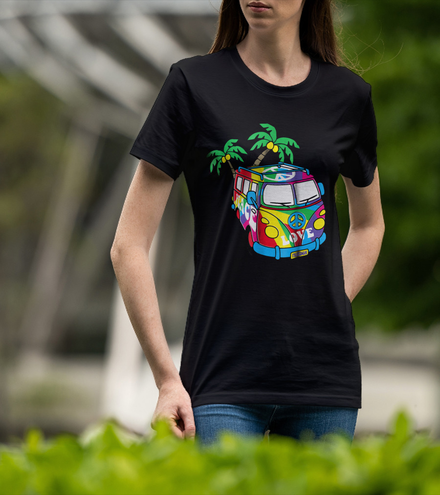 Peace Love Symbol Groovy Retro 60s Hippie Van Palm Trees Psychedelic T-Shirt