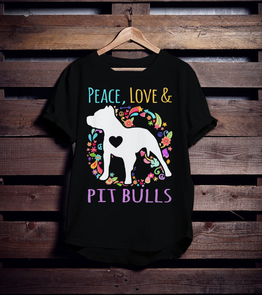 Peace Love And Pit Bulls Colorful Floral Heart Dog T-Shirt