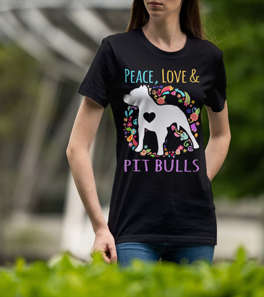 Peace Love And Pit Bulls Colorful Floral Heart Dog T-Shirt