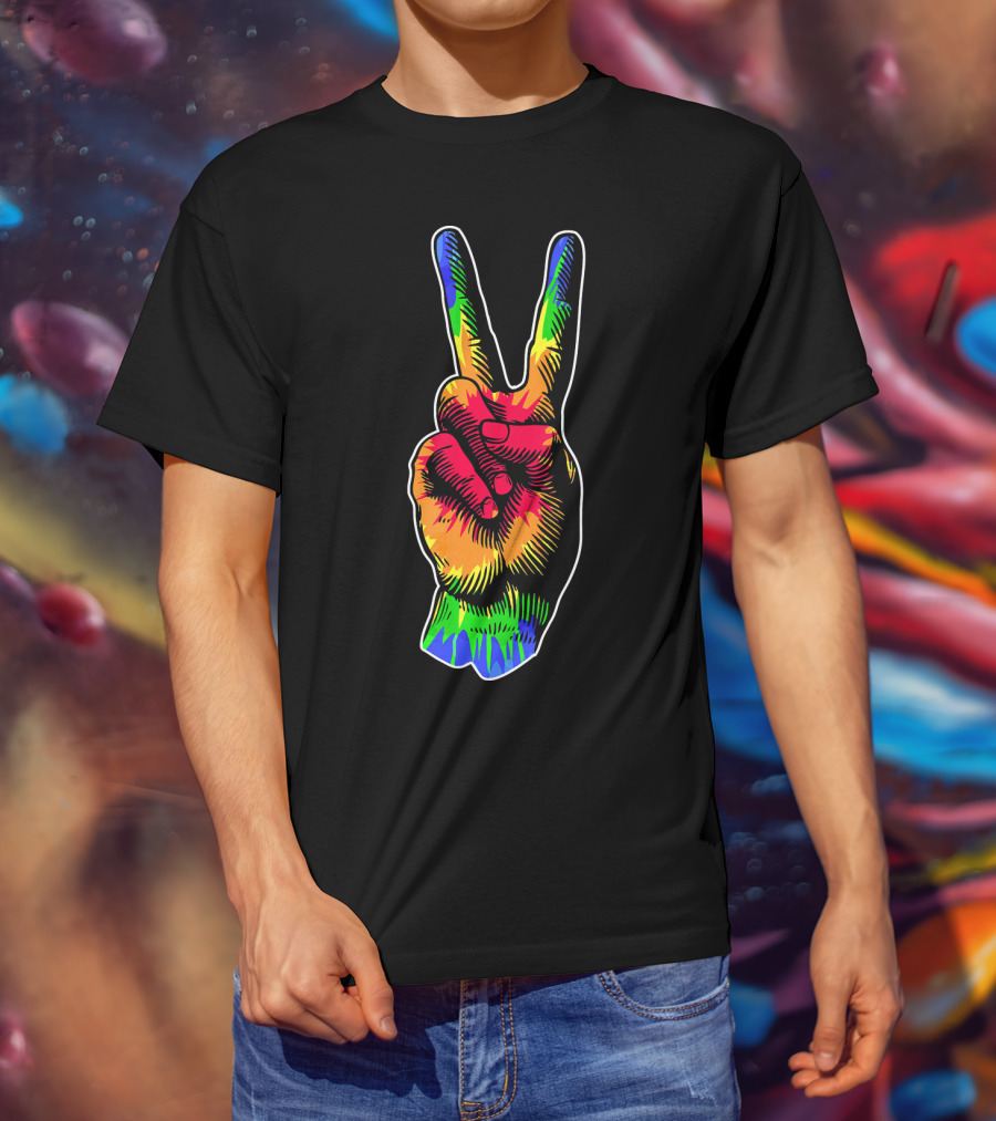 Tye Dye Peace Sign Rainbow Hand Gesture T-Shirt