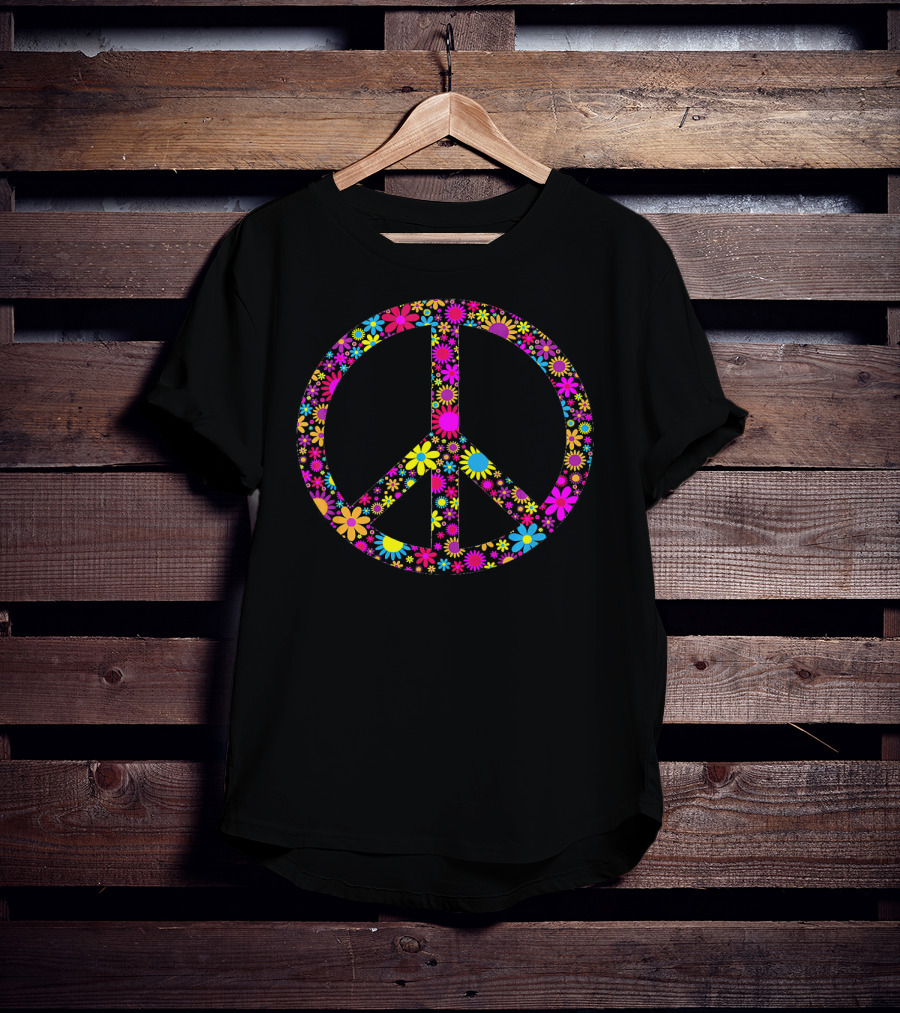 Vintage Floral Peace Sign Colorful Hippie Flowers T-Shirt