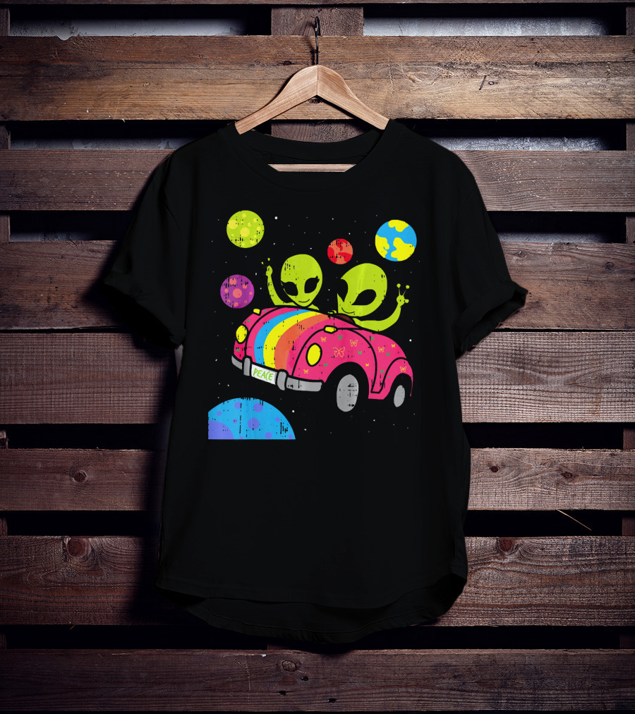 Hippie Alien Space Roadtrip With Peaceful Car And Colorful Planets T-Shirt