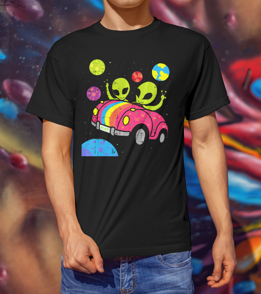Hippie Alien Space Roadtrip With Peaceful Car And Colorful Planets T-Shirt