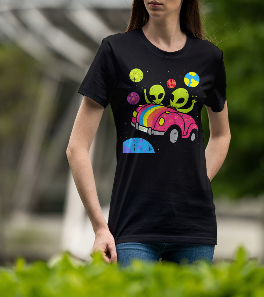Hippie Alien Space Roadtrip With Peaceful Car And Colorful Planets T-Shirt