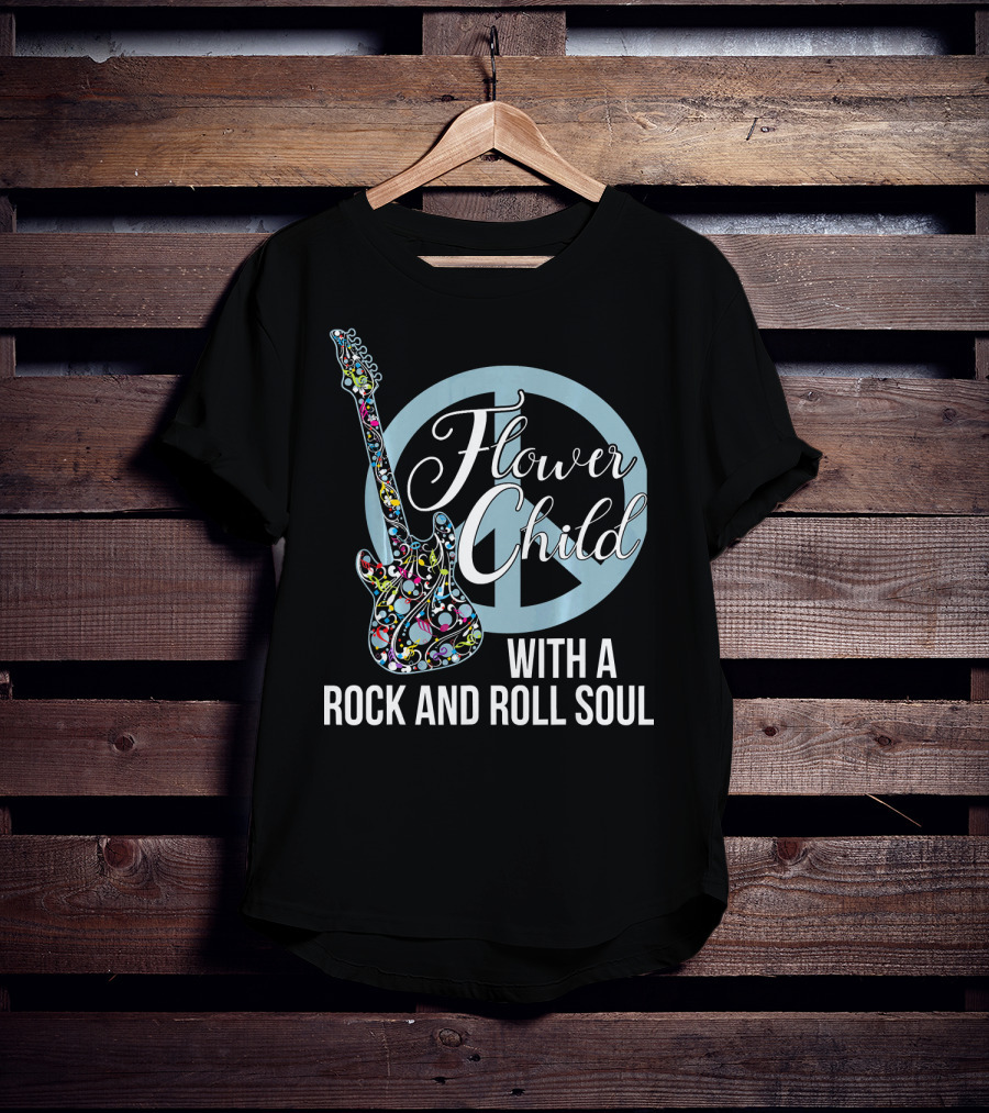 Flower Child With A Rock And Roll Soul Peace Sign Guitar T-Shirt