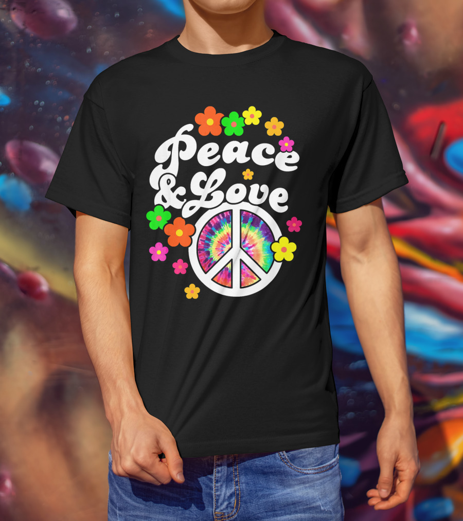 Peace Love Tie Dye Peace Sign With Colorful Flowers T-Shirt