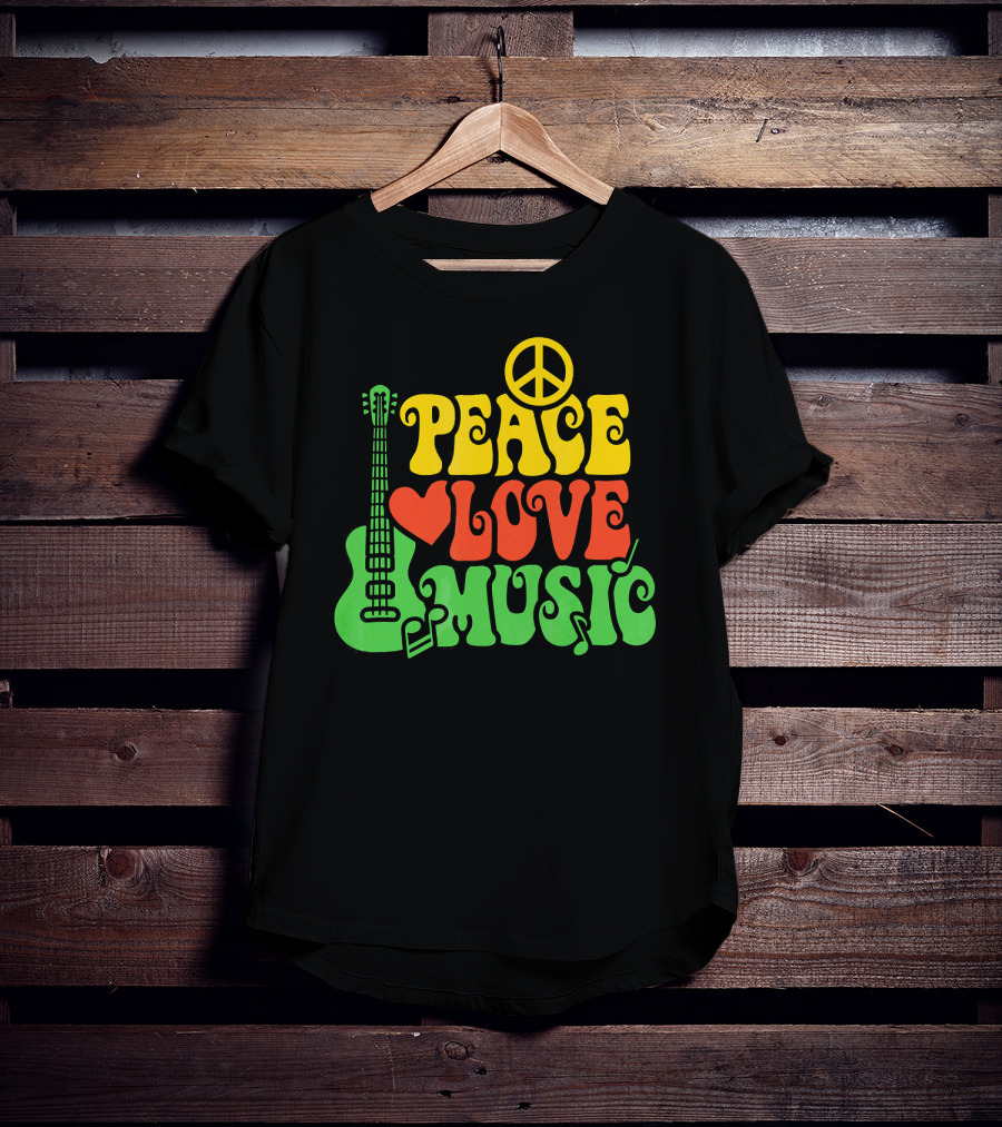 PEACE LOVE MUSIC Reggae Guitar Peace Symbol Heart Notes T-Shirt